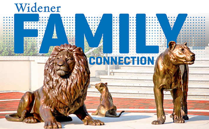 Widener Family Connection newsletter graphic with pride lion statues