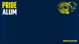 Pride Alum in top left corner on blue background with pride lions logo