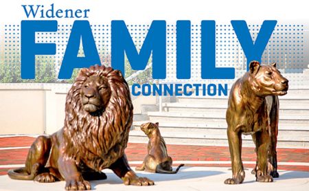 Widener Family Connection newsletter graphic with pride lion statues