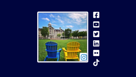 Yellow and blue adirondack chairs overlook Old Main Building. Image is surrounded by dark blue background with social media icons.