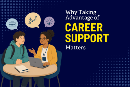 Illustration of a college student meeting with a career advisor to discuss career planning, with icons representing careers, goals, and ideas above them.