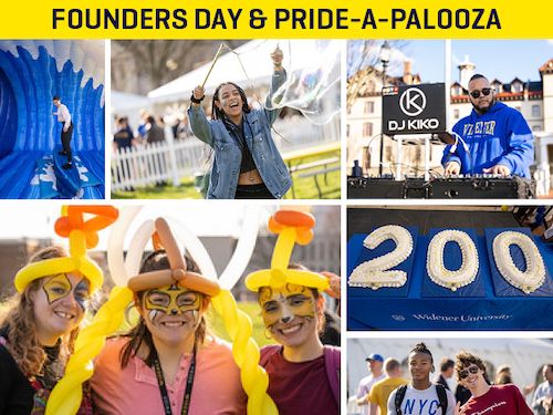collage of student photos celebrating Widener's 200th anniversary — students with bubbles, dj, balloon hats, and surfing